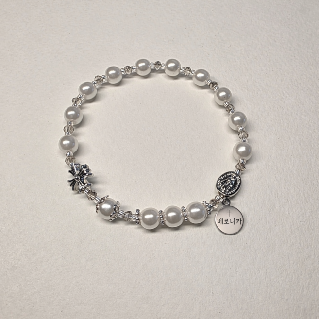 [세례명 각인] 실버 진주 묵주팔찌 묵주 1단묵주, 1개, 실버장미+양면각인