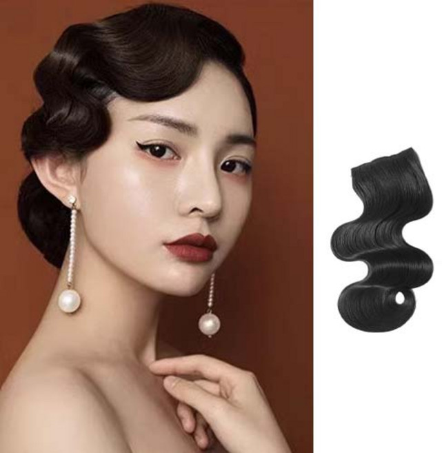 여성 웨딩 파티 행사 물결 앞머리 헤어피스 가발 H260, 1개, 블랙