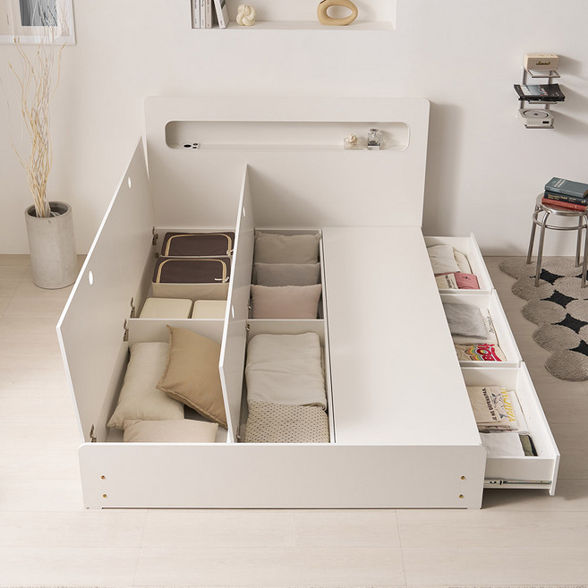 라자가구 라운 LED 서랍 통수납 슈퍼싱글/퀸 침대 프레임+잇템 본넬 매트, 화이트