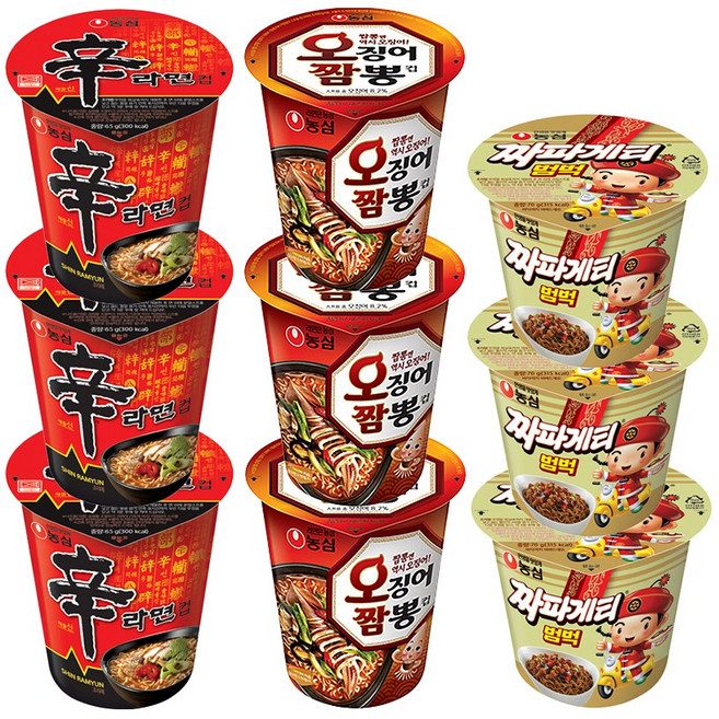 농심 컵라면 소컵 모음 신라면 3개+오징어짬뽕 3개+짜파게티범벅 3개, 1팩