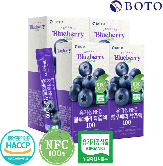 [보뚜] 유기농 NFC 블루베리 착즙액 100 4박스 (56포), 280g