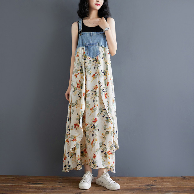 여성 여름 데님 멜빵 패치 원피스 빅사이즈 쉬폰 플라워 프린트 롱스커트