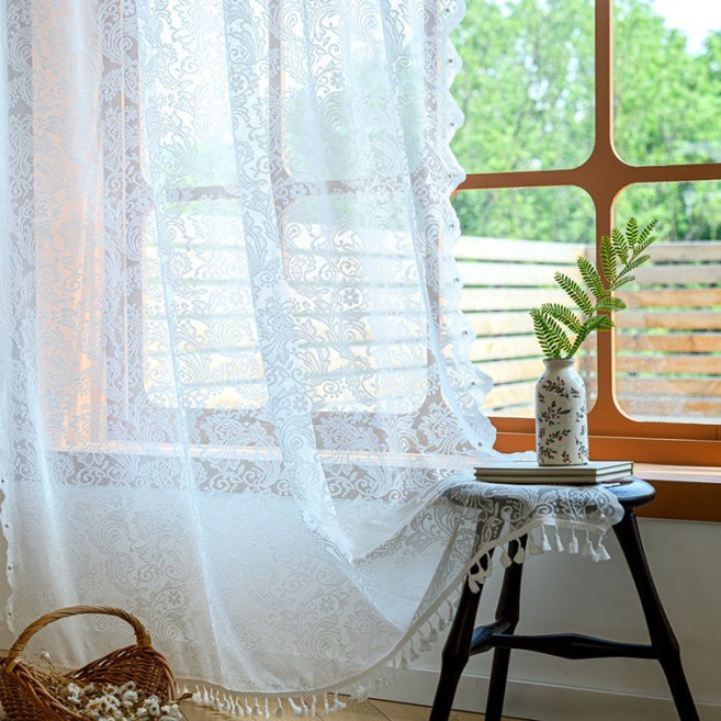 法式透光窗簾窗紗 鏤空蕾絲波浪邊流蘇臥室客廳成品, 蕾絲釘珠單邊流蘇,140*180