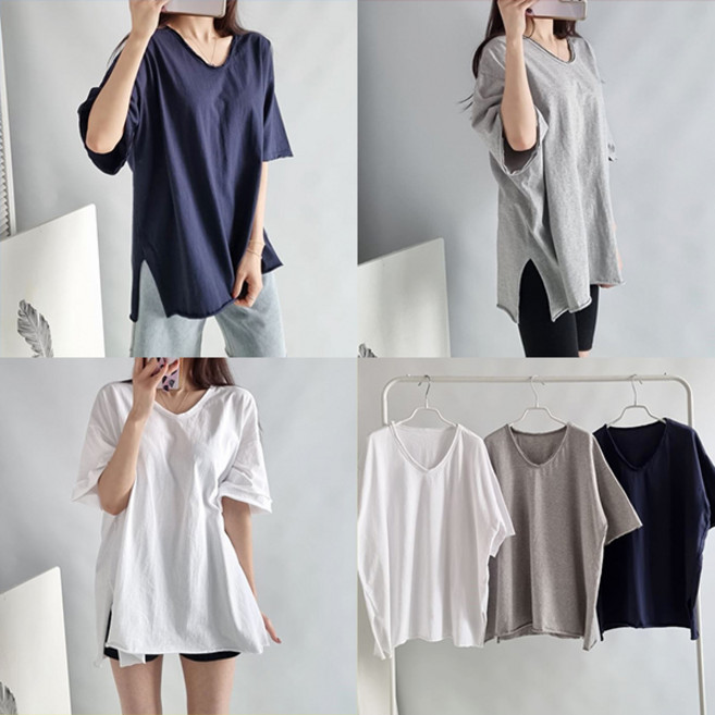 빅사이즈여성의류 데끼 워싱 빈티지 오버핏 롱 티셔츠 옆트임 썸머 박스 반팔티 66-110 size 여름 봄 가을