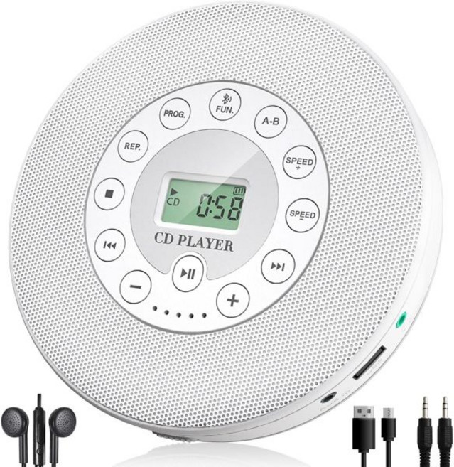 루카사 휴대용 블루투스 CD 플레이어 내장 스피커 스테레오 개인 워크맨 MP3 2000mAh 충전식 콤팩트 차량용 디스크 음악 USB 재생 충격 방지 보호 화이트, 루카사 휴대용 블루투스 CD 플레이어 내장 스피커 스테
