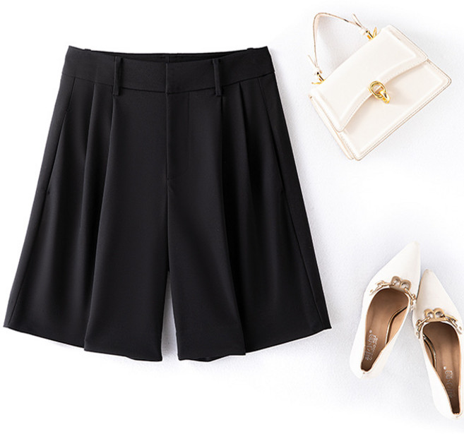 【通勤休閒兩穿】西裝短褲 闊腿短褲 五分褲 高腰短褲 A字短褲 夏季薄款 黑色百搭 垂感面料 職場日常穿搭