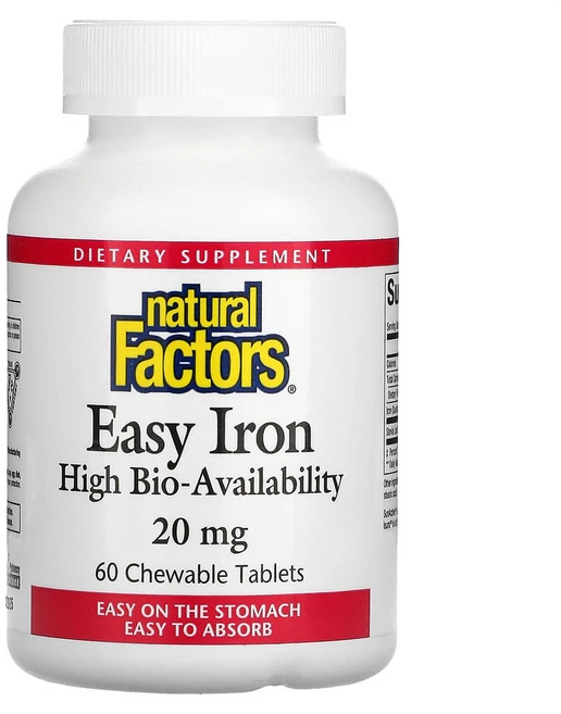 내추럴팩터스 Natural Factors Easy Iron 철분 20mg 60츄어블정 2개 SunActive 피로인산 제이철 제2철 스테비아 잎, 60정 - 쿠팡