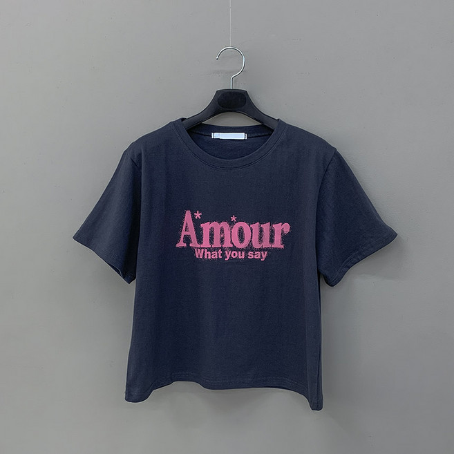 아모어 레터링 캐쥬얼 크롭 반팔 면 티셔츠
