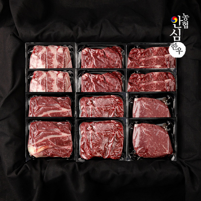 [농협안심한우] 1+등급 구이세트 7호 2.4kg(등심200gx2팩+안심200gx2팩+채끝200gx2팩+살치200gx2팩+부채200gx2팩+업진200gx2팩), 1개