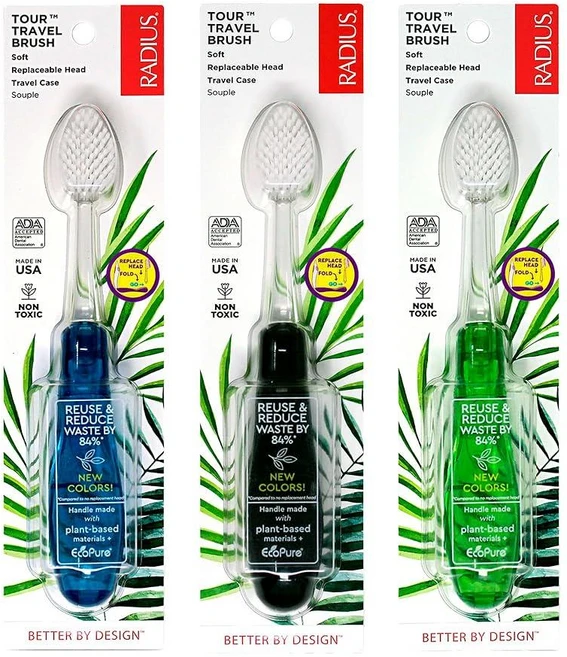 RADIUS 투어 여행용 브러시 및 케이스 교체 가능한 브러시 헤드 포함 ADA 승인 칫솔 잇몸 건강 개선 - 다양한 색상 - 6개입, 3 Count (Pack of 1), 블루/스모크/그린, 1개 - 쿠팡