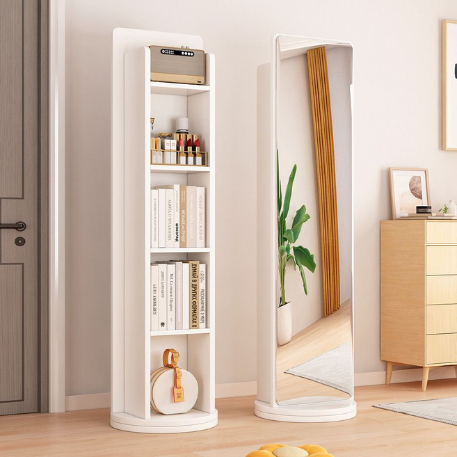 BYOU 원목 전신거울 인테리어 전신거울 360도 양쪽 회전 4단책장, 화이트