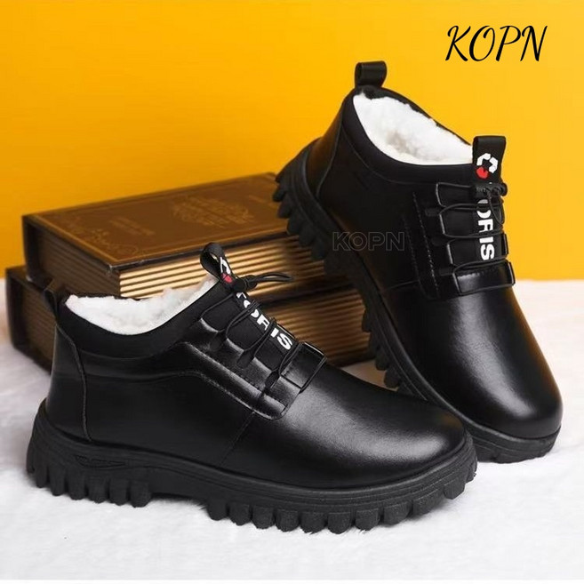 KOPN 남성 코튼 신발 겨울 가죽 기모 두께 영륜풍 구두 두꺼운 바닥 미끄럼 방지 패션 보온 스노우 부츠