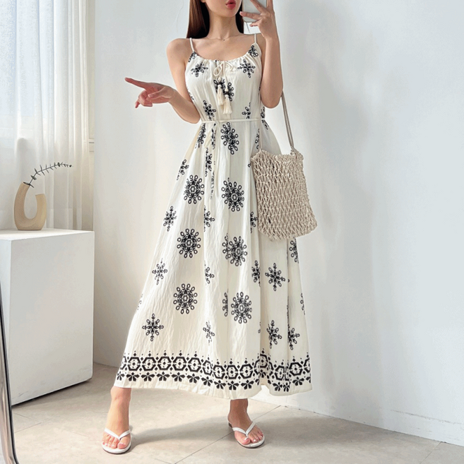 (허리끈 ~88) 에스닉 페이즐리 테슬 바캉스 휴양지 끈 나시 맥시 롱 원피스 3color