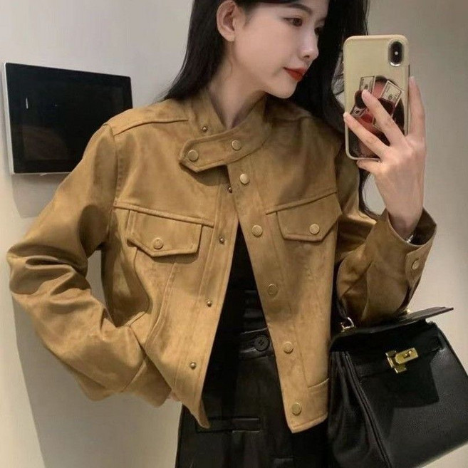 仿鹿皮絨外套 女寬鬆顯瘦短款長袖夾克上衣