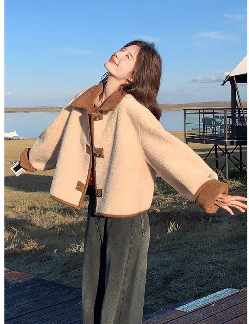 더플로우 여성용 리버서블 양털 스웨이드 무스탕 숏자켓