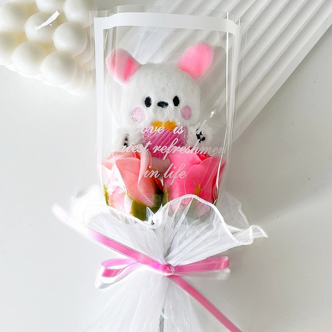 래프유 비누꽃 인형 꽃다발 선물, 핑크, 1개