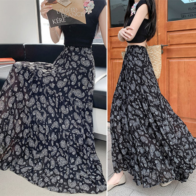 리틀깽스 풍성한 블랙화이트 배색 셔링 쉬폰 링클 주름 롱스커트 치마