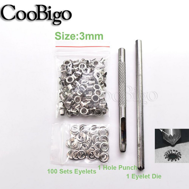 100 세트 실버 아일릿 및 펀치 다이 도구 세트 벨트 버클 의류 장식 중공 리벳 아이 버튼용 2mm-17mm, 그. 3mm, Dia. 3mm, 1개