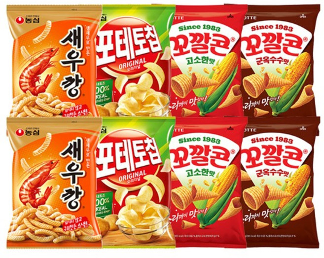 새우깡 2봉 + 포테토칩 2봉 + 꼬깔콘 고소한맛 2봉 + 군옥수수맛 2봉, 없음, 1개