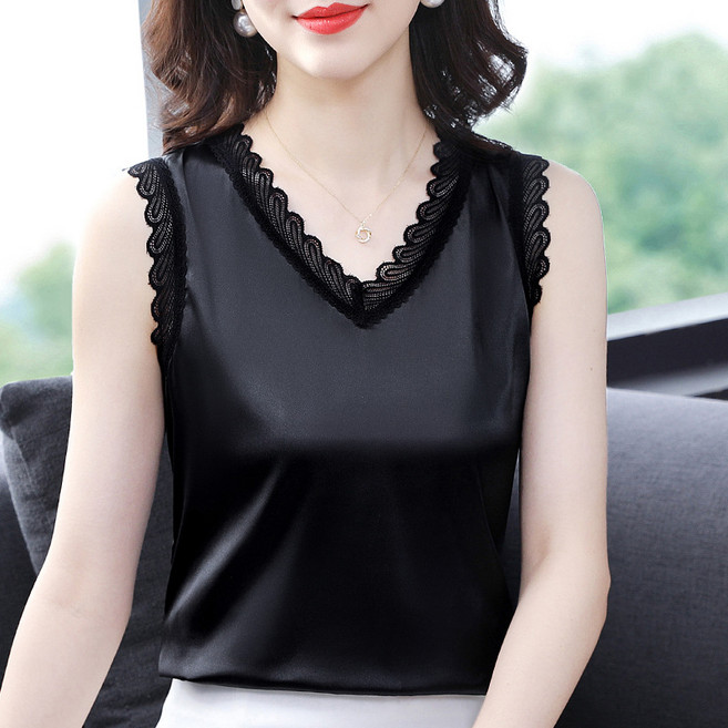 레이스 벨트 베이스 조끼 여성 양복 안에 여름 민소매를 걸치고 흰색 실크 비단 상의를 입다