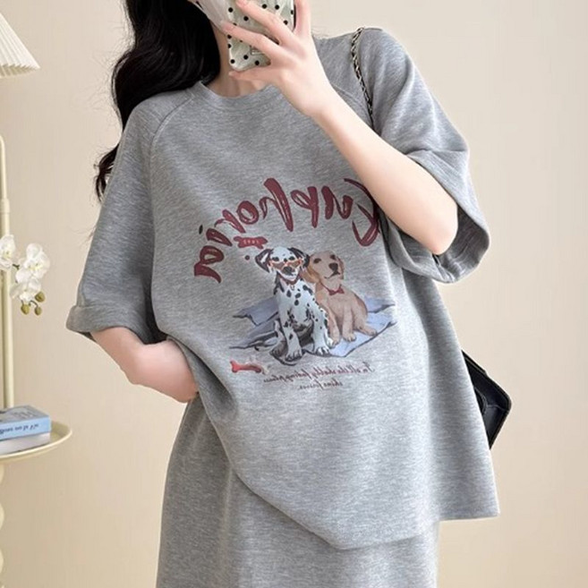 DIU 孕婦裝夏時尚寬鬆遮肚短袖上衣休閒外穿託腹半身裙辣媽一整套