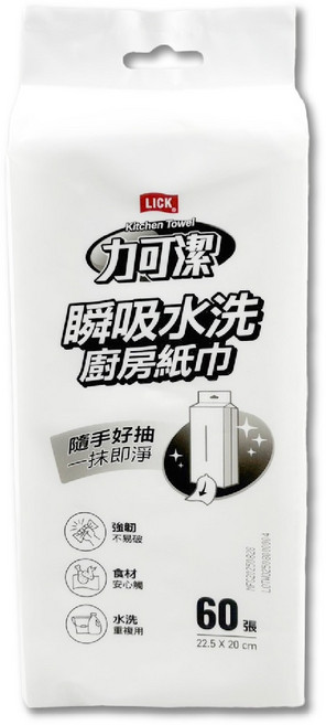 力可潔 瞬吸水洗 廚房紙巾, 1個, 60張