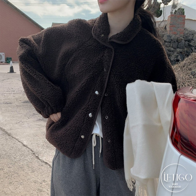 레티고 도톰부들 겨울 기모 오버핏 뽀글이 스트링 플리스 점퍼