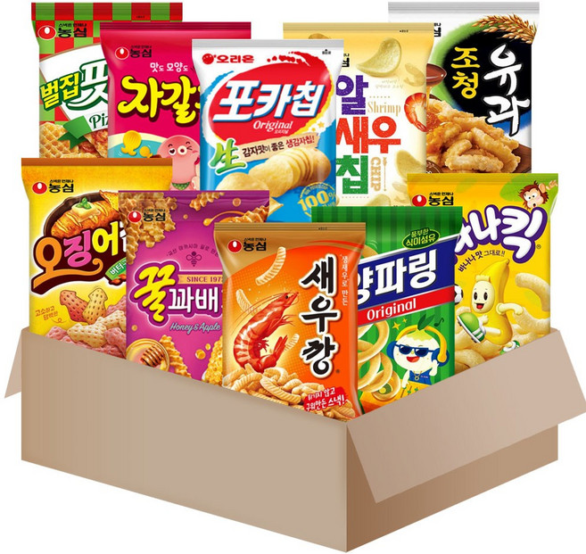 [메리박스] 농심 스낵세트 10종(새우깡+꿀꽈배기+오징어집+양파링+고구마깡+조청유과+벌집핏자+알새우칩+바나나킥+자갈치), 과자, 1세트