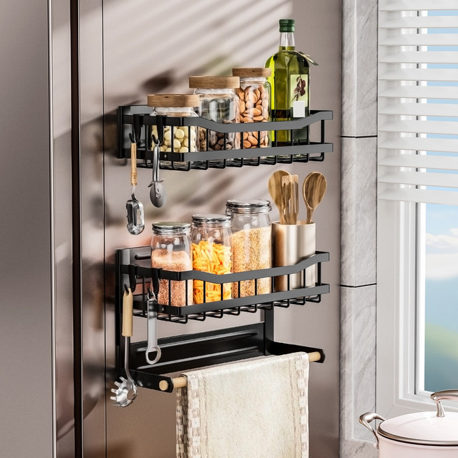 LA DERIVE 1+1 자석형 수납선반 서랍장 냉장고 측면 철제 자석선반 2단 다용도선반 욕실 주방 다용도화장실선반, 1세트, 블 랙