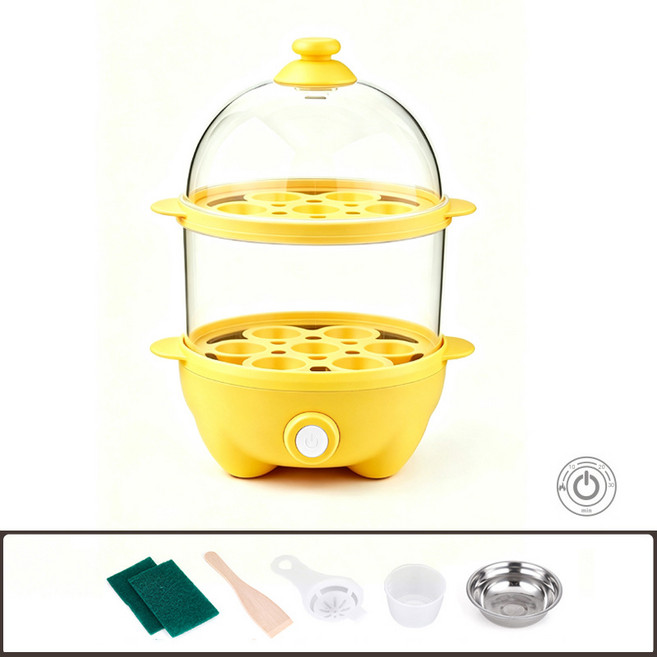 多功能定時蒸蛋器 蒸煎烤烙印 0-30分鐘定時, 定時款黃色雙層套裝 胖墩墩美標三插 110V, 1個