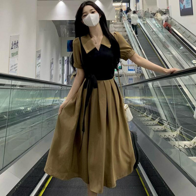 【顯瘦百褶】連衣裙 赫本風連衣裙 法式連衣裙 氣質連衣裙 假兩件連衣裙 繫帶收腰設計 大碼女裝 胖MM遮肉 夏季通勤約會, 圖片色*828