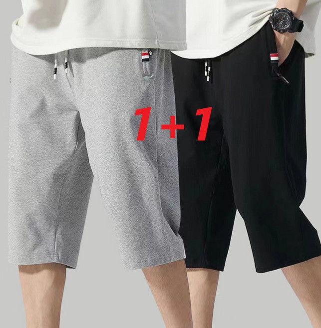 1+1 여름 순면 7부 팬츠 남자 얇은 트레이닝 캐주얼 와이드 운동 반바지