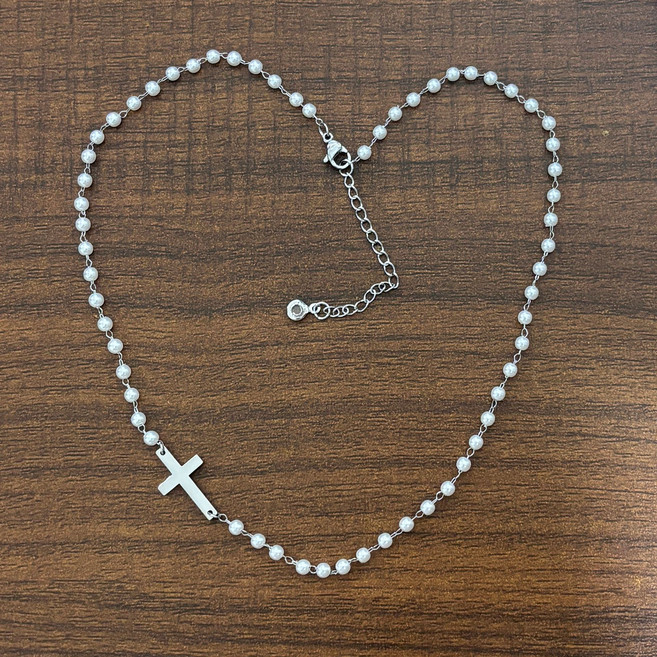 무티아 티타늄스틸 진주크로스 데일리 여성목걸이