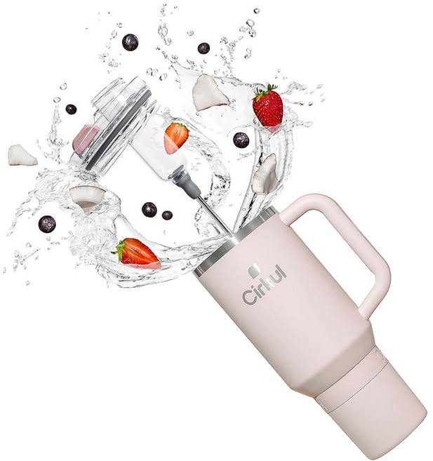 Cirkul 40oz. 손잡이가 달린 카멜레온 스테인리스 스틸 텀블러 하루 종일 빨대를 빨아들이고 이중 벽 단열 처리됨, Cherry Blossom, 1개