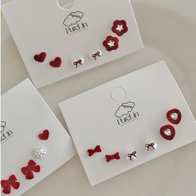 퓨어린 [ 은침 귀걸이 세트 ] 크리스마스 귀걸이 연말 파티 레드 벨벳 진주 리본 하트 레이어드 미니 학생 귀걸이세트 세트