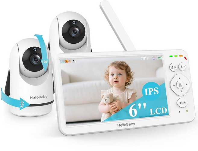 HelloBaby 모니터 6인치 IPS 대형 스크린 비디오 베이비 모니터 Wi-Fi 없음 30시간 배터리 포함 4000mAh 배터리 카메라 및 오디오가 있는 원격 팬, 6.0'', 2 Cameras