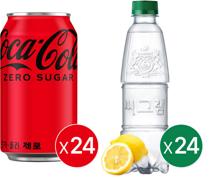 [본사직영] 코카콜라 제로 350ml CAN (24입) + 씨그램 레몬 무라벨 350PET 4X6, 48개