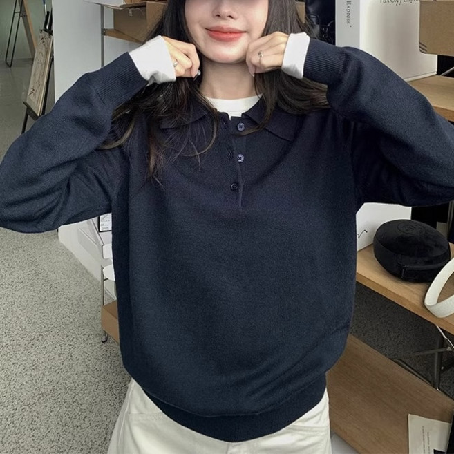 야오야오 버튼 카라 긴팔 니트