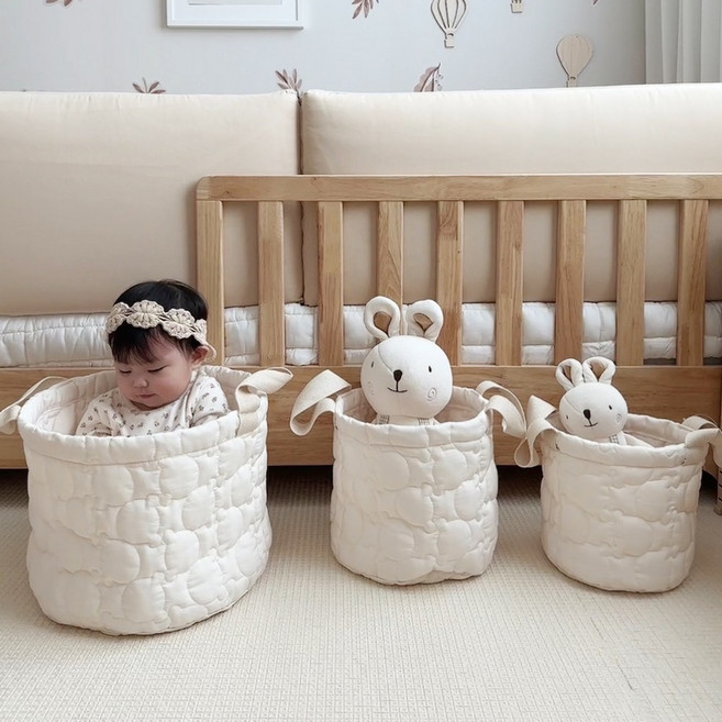 헬로미니미 누빔 바구니 아기 장난감 정리함 하트누빔 곰누빔 3size, 1개, 곰 누빔 아이보리