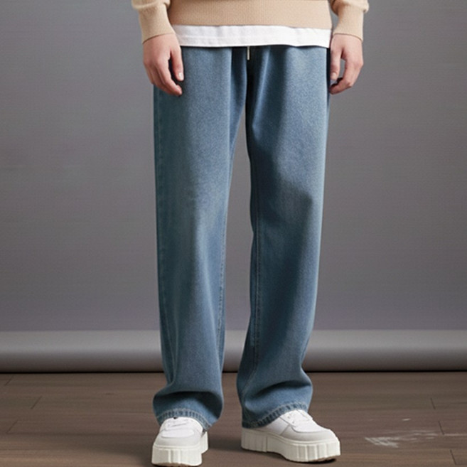 스댕클럽 남성용 베이직 허리밴딩 스트링 워싱 와이드핏 청바지 SJM0541