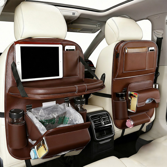 슈퍼인 가죽 자동차 테이블 차량용 폴딩 시트백 트레이 다용도 차량수납, 카멜, 1개