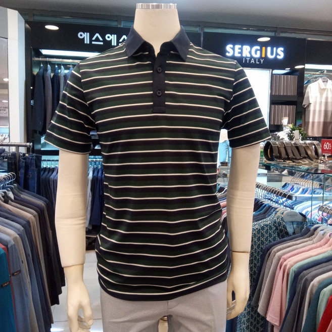 [여름 80% 초초특가] 세르지오 에스에스패션 남성 캐주얼 여름 선염단가라 면혼방 그린 스트라이프 반팔 티셔츠