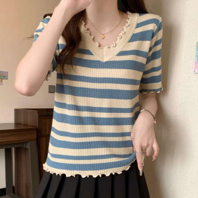 Asure 여자 여름 스트라이프 프릴 브이넥 반팔 티