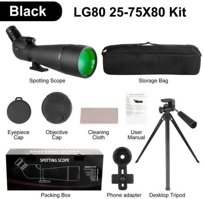 25-75x80 망원경 스포팅 스코프 대형 필드 조류 관찰 캠핑을 어댑터 삼각대가있는 강력한 줌 단안, 01 Black