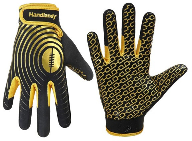 HANDLANDY 청소년 미식 축구 장갑 끈끈한 넓은 리시버 장갑 블랙 골드 스트레치 핏 럭비 장갑, [05] XL, 1개