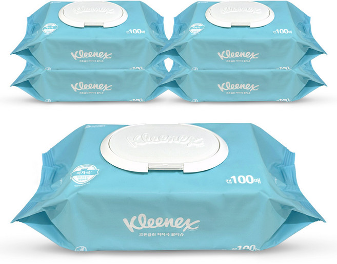 크리넥스 코튼클린 저자극 대용량 물티슈 100매 5개, 40g