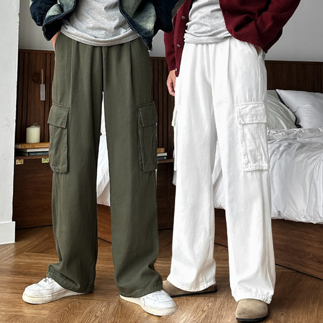 남자 사계절 롱 와이드 고퀄리티 탄탄 코튼 스트링 밴딩 카고 팬츠 바지