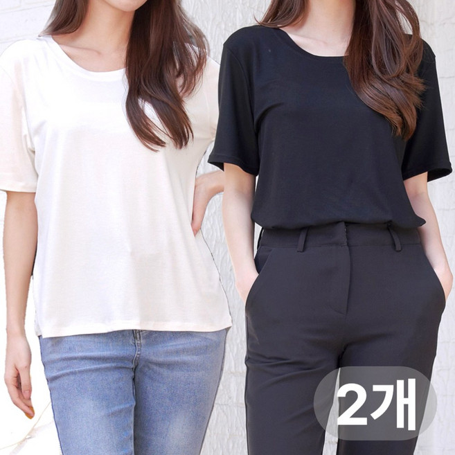 로안폴린 여성용 무지 라운드넥 반팔티 2P 세트