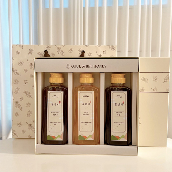 [꿀앤비] 천연벌꿀 500g 튜브형 아카시아꿀 야생화꿀 밤꿀 3종선물세트, 1개, 야생화꿀3개, 쇼핑백포함, 3정