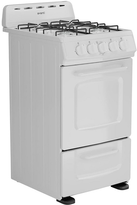 아반티 GRO20P0W 가스레인지 오븐 컴팩트 프리스탠딩 디자인 전자 점화 기능이 있는 버너 4개 2.1 Cu.ft 용량 견고한 도어 수납 서랍 브로일러 및 액세서리 20인